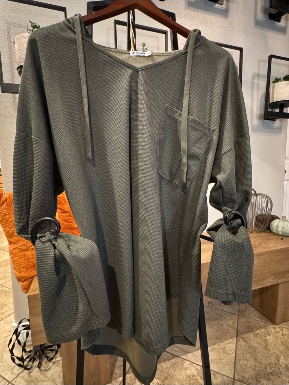 V-Neck Olive Waffle-Knit Hooded Sweater